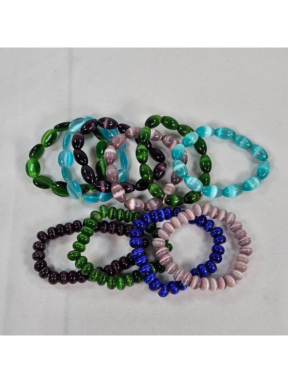 10pc Cats Eye Glass Bead Stretch Bracelet Lot Mixed Colors Oval Round Chatoyant